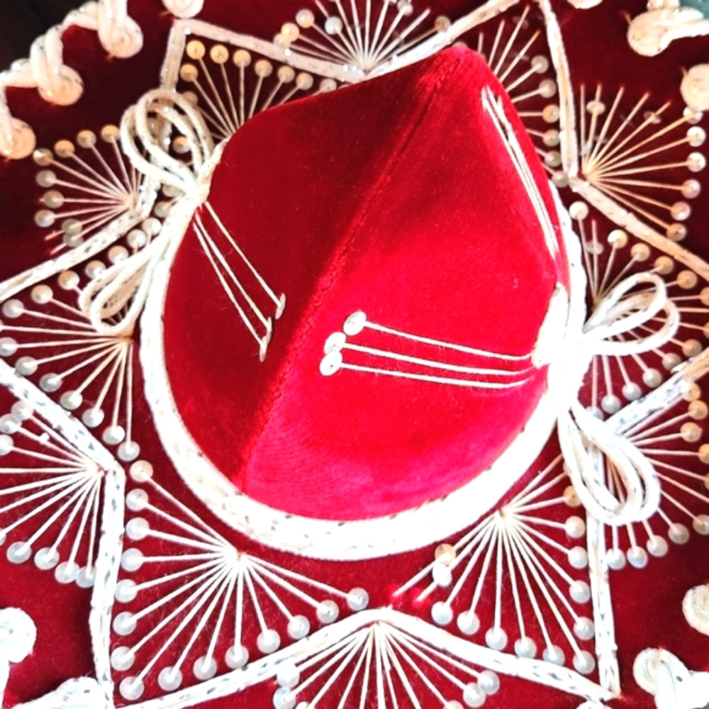 PIGALLE Sombrero RED VELVET Silver Cream Ornate Embroidery Cinco de Mayo HAT 16" - Picture 4 of 7